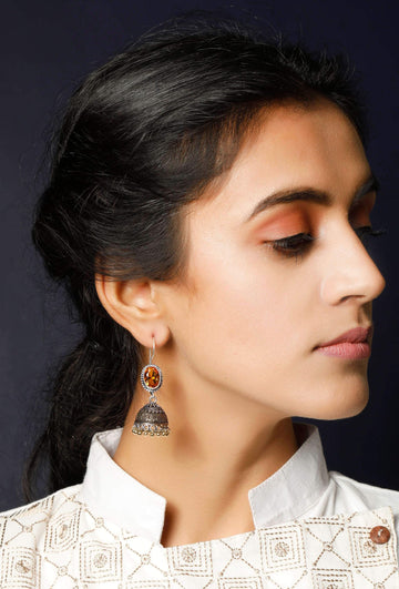 Yellow Stone Engraved Brass Jhumkas
